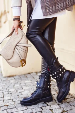 Online Boto Damskie Ocieplane Botki z Perełkami Czarne Mishigan