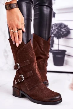 Czarne Botki|Botki Zimowe Damskie>Boto Damskie Ocieplane Botki Z Klamrami Brązowe Cassidy