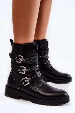 Online Boto Damskie Ocieplane Botki Z Paskami Gładkie Czarne Lamberta