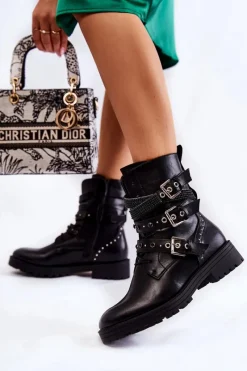 Online Boto Damskie Ocieplane Botki Z Paskami Gładkie Czarne Lamberta