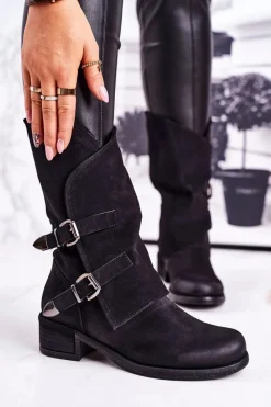 Hot Boto Damskie Ocieplane Botki Z Klamrami Czarne Cassidy