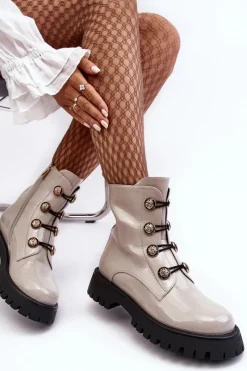 Clearance Damskie buty S.Barski Damskie Ocieplane Botki Z Ozdobnymi Guzikami D&A MR870-51 Jasnobeżowe Beżowy