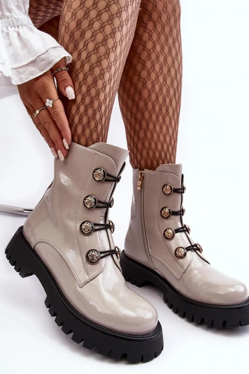 Clearance Damskie buty S.Barski Damskie Ocieplane Botki Z Ozdobnymi Guzikami D&A MR870-51 Jasnobeżowe Beżowy