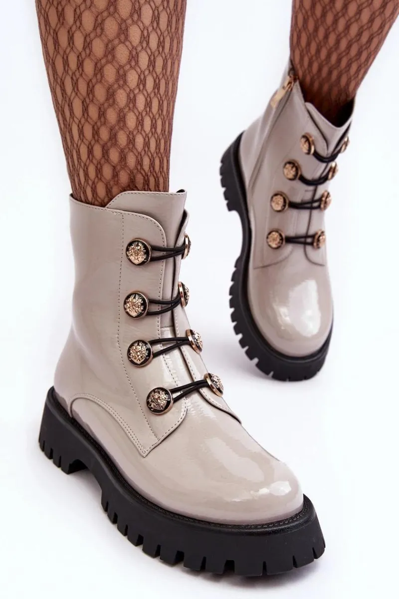 Clearance Damskie buty S.Barski Damskie Ocieplane Botki Z Ozdobnymi Guzikami D&A MR870-51 Jasnobeżowe Beżowy