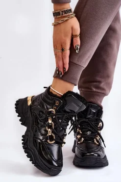 Discount Boto Damskie Ocieplane Buty Sportowe Trapery Sznurowane Czarne Bastini