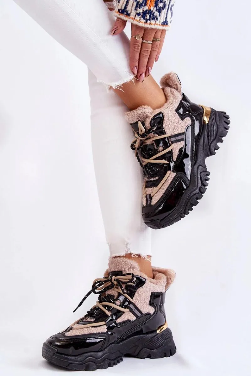 Outlet Damskie Ocieplane Buty Sportowe Trapery Czarno-Beżowe Edora Damskie Sneakersy Damskie|Damskie Trapery
