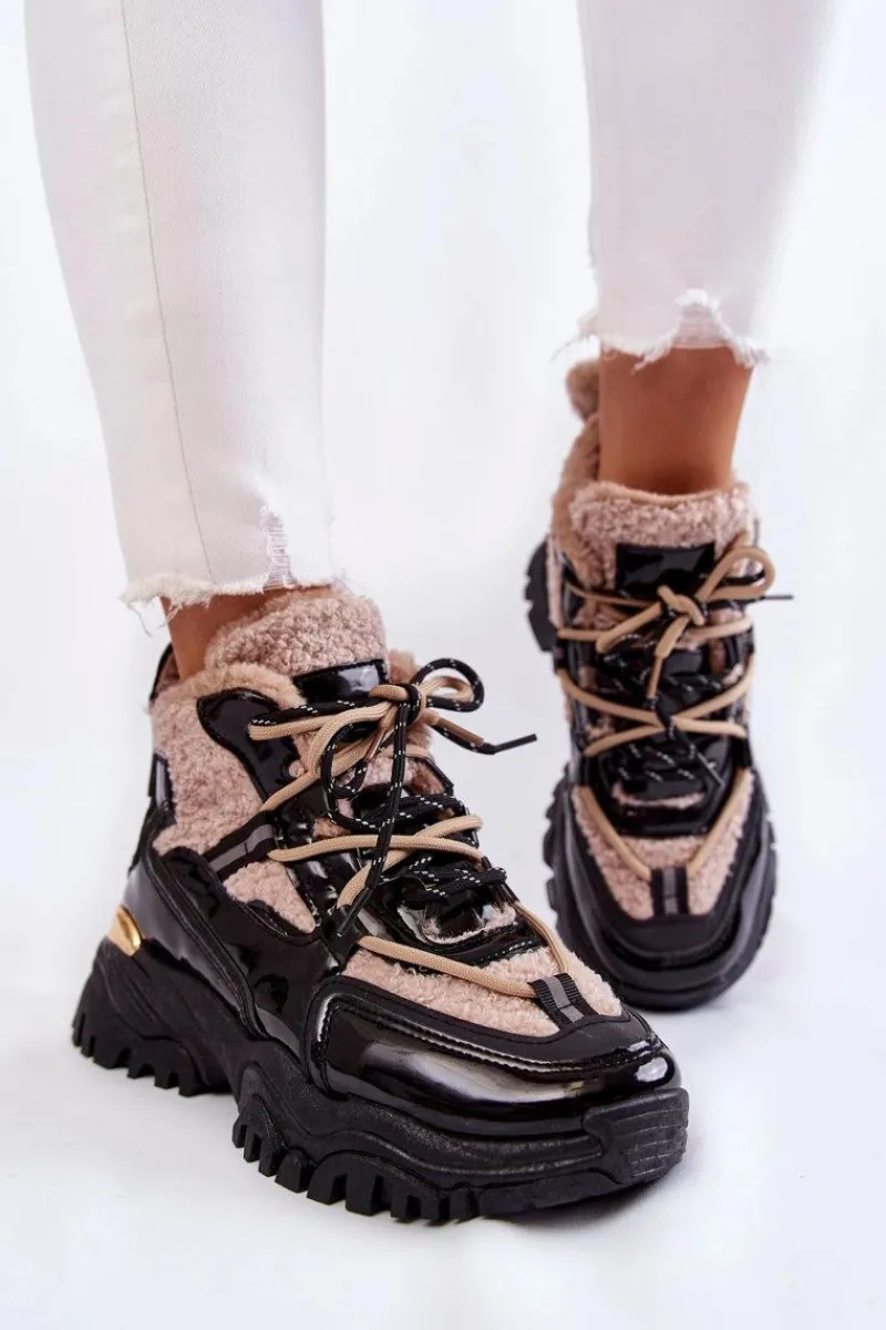 Outlet Damskie Ocieplane Buty Sportowe Trapery Czarno-Beżowe Edora Damskie Sneakersy Damskie|Damskie Trapery