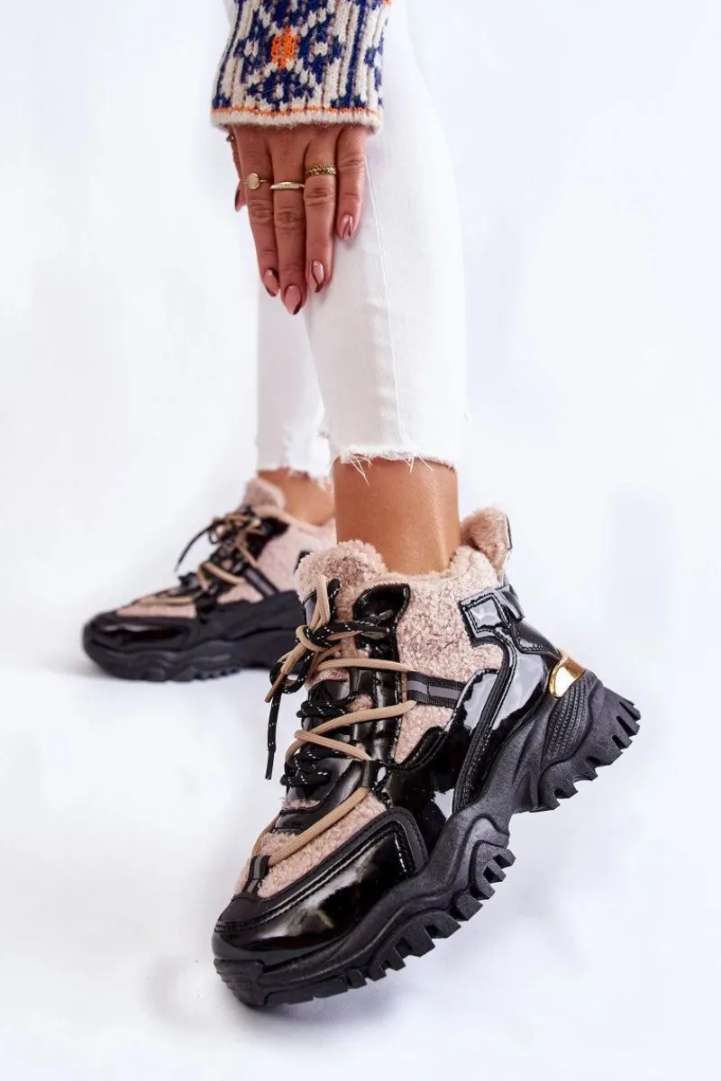 Outlet Damskie Ocieplane Buty Sportowe Trapery Czarno-Beżowe Edora Damskie Sneakersy Damskie|Damskie Trapery