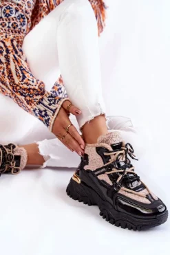 Outlet Damskie Ocieplane Buty Sportowe Trapery Czarno-Beżowe Edora Damskie Sneakersy Damskie|Damskie Trapery
