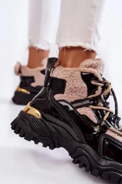 Outlet Damskie Ocieplane Buty Sportowe Trapery Czarno-Beżowe Edora Damskie Sneakersy Damskie|Damskie Trapery