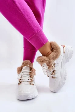 Outlet Boto Damskie Ocieplane Buty Sportowe Sznurowane Białe Kerberos