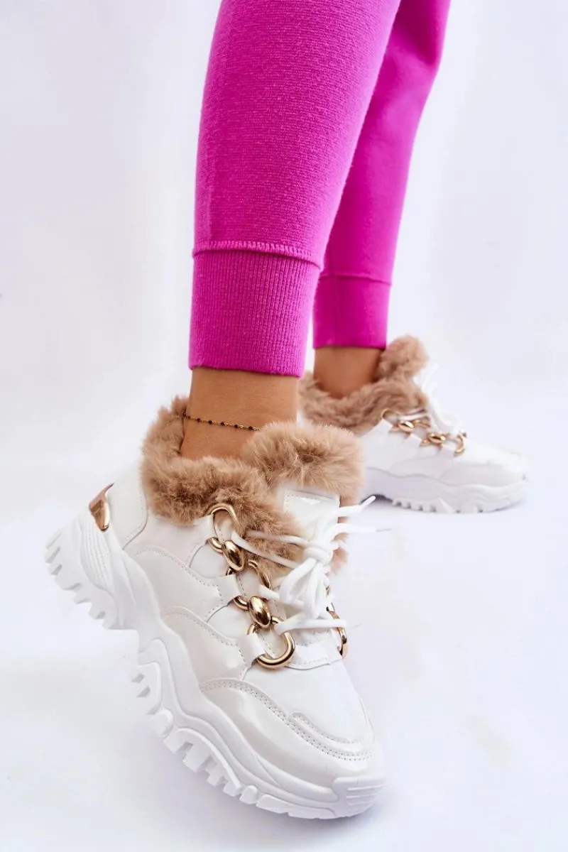 Outlet Boto Damskie Ocieplane Buty Sportowe Sznurowane Białe Kerberos