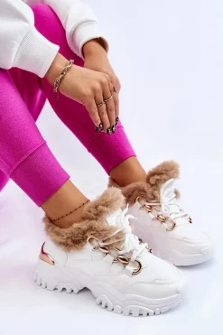 Outlet Boto Damskie Ocieplane Buty Sportowe Sznurowane Białe Kerberos