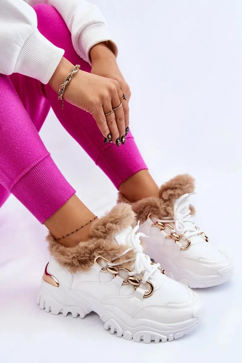 Outlet Boto Damskie Ocieplane Buty Sportowe Sznurowane Białe Kerberos