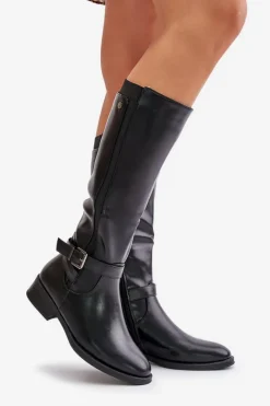 Damskie Ocieplane Kozaki Na Płaskim Obcasie Ze Złotą Klamrą Czarne Arsisna Damskie Kozaki Ocieplane|Kozaki Przed Kolano