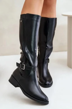 Damskie Ocieplane Kozaki Na Płaskim Obcasie Ze Złotą Klamrą Czarne Arsisna Damskie Kozaki Ocieplane|Kozaki Przed Kolano