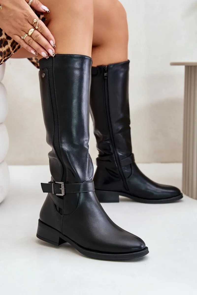 Damskie Ocieplane Kozaki Na Płaskim Obcasie Ze Złotą Klamrą Czarne Arsisna Damskie Kozaki Ocieplane|Kozaki Przed Kolano