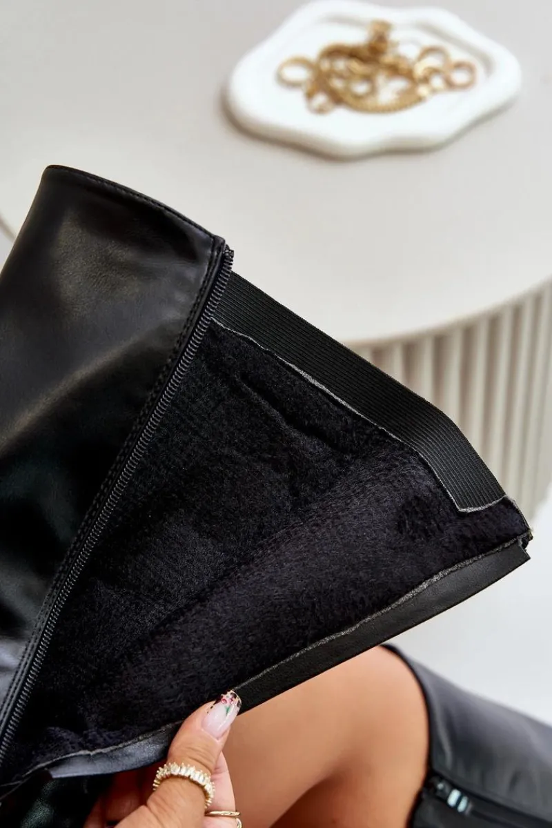 Damskie Ocieplane Kozaki Na Płaskim Obcasie Ze Złotą Klamrą Czarne Arsisna Damskie Kozaki Ocieplane|Kozaki Przed Kolano