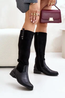 Best Boto Damskie Ocieplane Kozaki Przed Kolano Na Zamek Czarne Ivasira Czarny