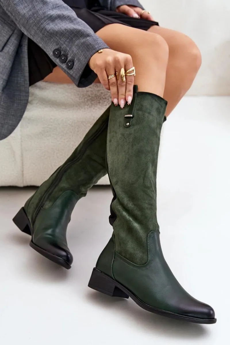 Damskie Ocieplane Kozaki Przed Kolano Na Zamek Zielone Ivasira Damskie Kozaki Ocieplane|Kozaki Płaskie