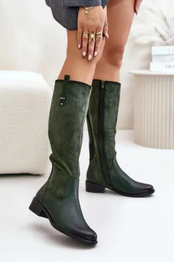Damskie Ocieplane Kozaki Przed Kolano Na Zamek Zielone Ivasira Damskie Kozaki Ocieplane|Kozaki Płaskie