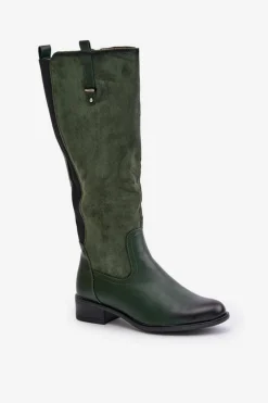 Damskie Ocieplane Kozaki Przed Kolano Na Zamek Zielone Ivasira Damskie Kozaki Ocieplane|Kozaki Płaskie