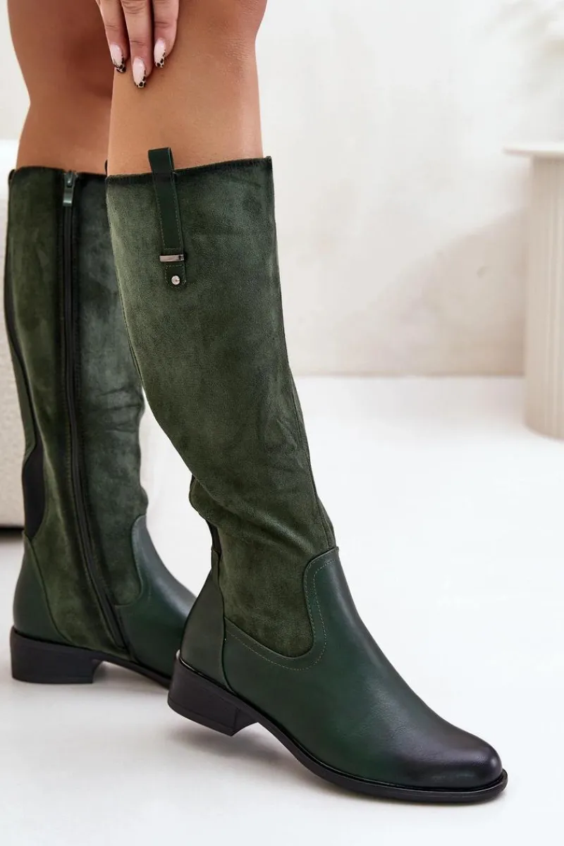 Damskie Ocieplane Kozaki Przed Kolano Na Zamek Zielone Ivasira Damskie Kozaki Ocieplane|Kozaki Płaskie