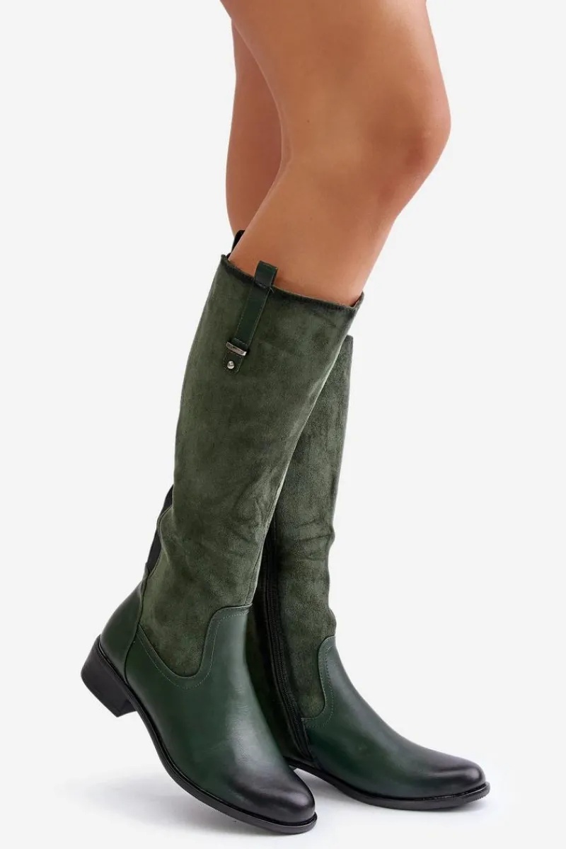 Damskie Ocieplane Kozaki Przed Kolano Na Zamek Zielone Ivasira Damskie Kozaki Ocieplane|Kozaki Płaskie