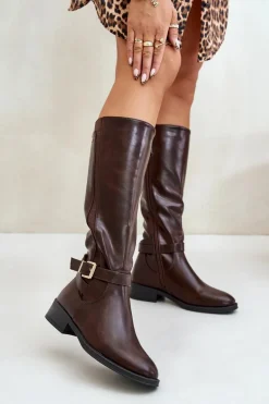 Best Damskie Ocieplane Kozaki Na Płaskim Obcasie Ze Złotą Klamrą Brązowe Arsisna Damskie Kozaki Ocieplane|Kozaki Przed Kolano