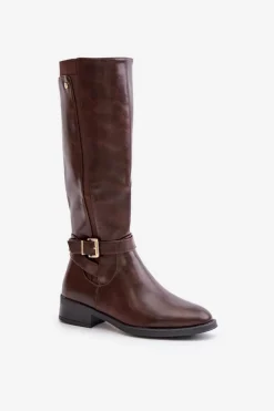 Best Damskie Ocieplane Kozaki Na Płaskim Obcasie Ze Złotą Klamrą Brązowe Arsisna Damskie Kozaki Ocieplane|Kozaki Przed Kolano