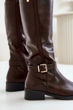 Best Damskie Ocieplane Kozaki Na Płaskim Obcasie Ze Złotą Klamrą Brązowe Arsisna Damskie Kozaki Ocieplane|Kozaki Przed Kolano