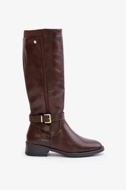 Best Damskie Ocieplane Kozaki Na Płaskim Obcasie Ze Złotą Klamrą Brązowe Arsisna Damskie Kozaki Ocieplane|Kozaki Przed Kolano