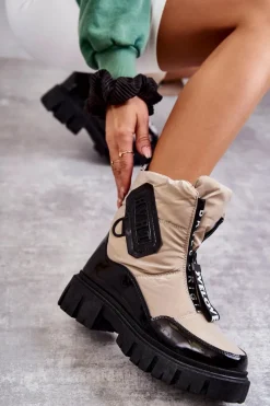 Discount Boto Damskie Ocieplane Śniegowce Na Suwak Beżowo-Czarne Marit