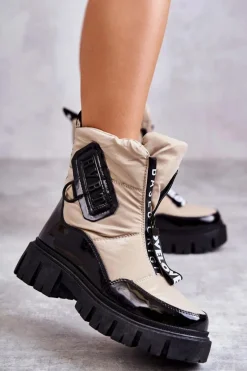 Discount Boto Damskie Ocieplane Śniegowce Na Suwak Beżowo-Czarne Marit