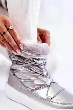 Sale Damskie Ocieplane Śniegowce Big Star KK274195 Srebrne Damskie Śniegowce Damskie