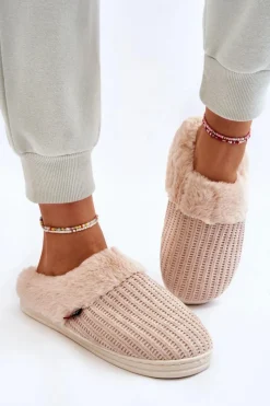 Online Damskie Ocieplane Papcie Wsuwane Z Futerkiem Beżowe Leriss Damskie Kapcie Klasyczne