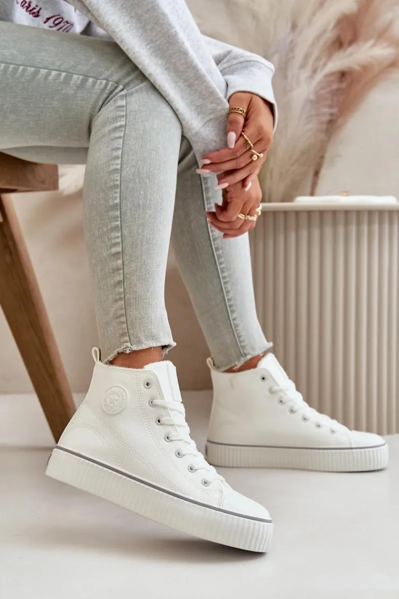 Trampki Damskie Big Star|Trampki Damskie Wysokie>Big Star Shoes Damskie Ocieplane Trampki Z Eko Skóry Big Star OO274788 Białe Biały