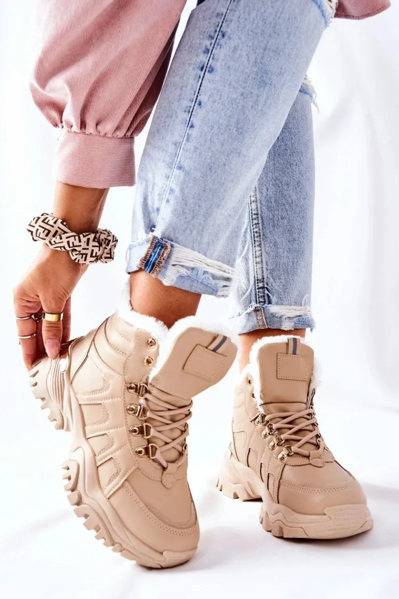 Botki Sznurowane|Botki Zimowe Damskie>Boto Damskie Ocieplane Trapery Beżowe Hareshaw