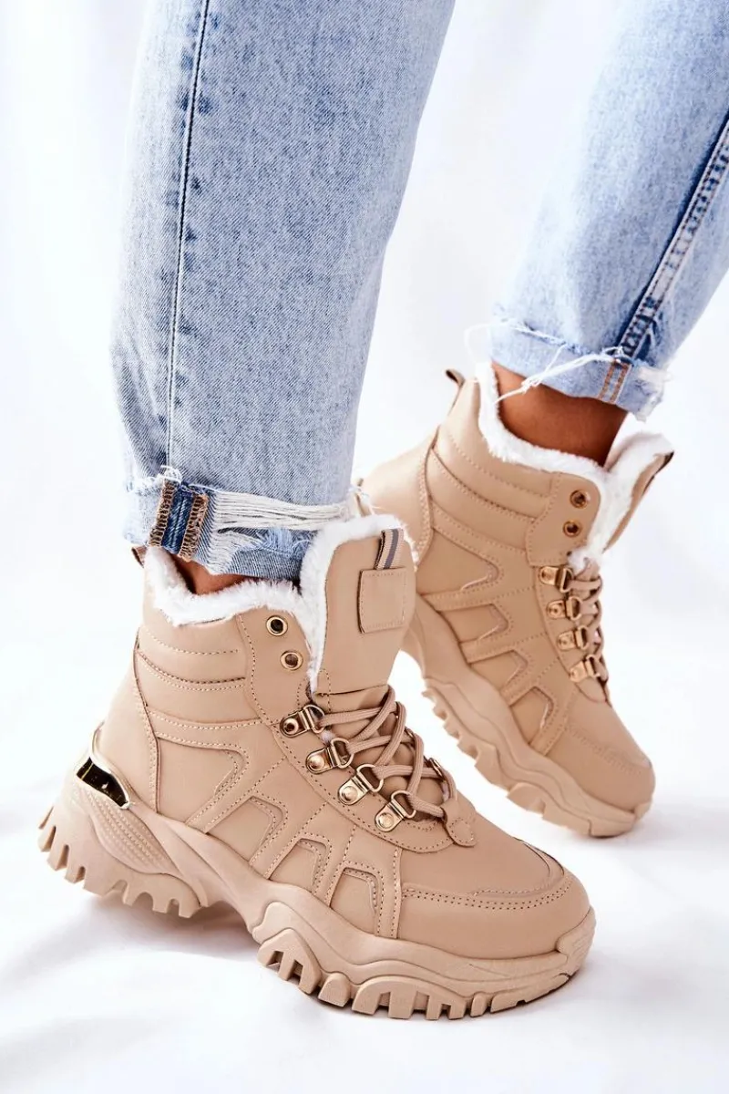 Botki Sznurowane|Botki Zimowe Damskie>Boto Damskie Ocieplane Trapery Beżowe Hareshaw