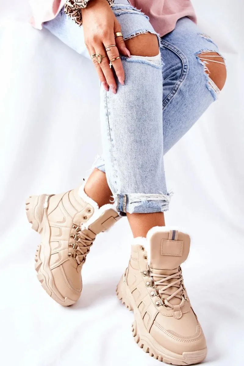 Botki Sznurowane|Botki Zimowe Damskie>Boto Damskie Ocieplane Trapery Beżowe Hareshaw