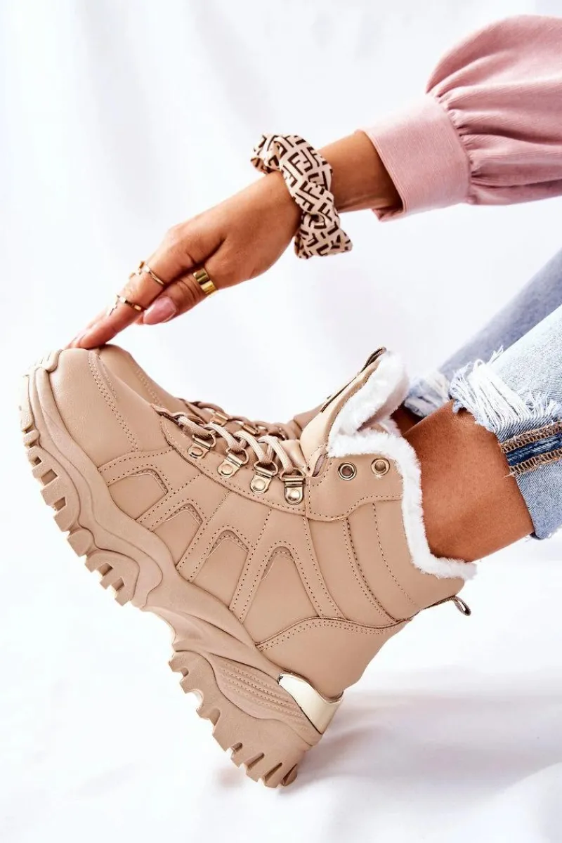 Botki Sznurowane|Botki Zimowe Damskie>Boto Damskie Ocieplane Trapery Beżowe Hareshaw