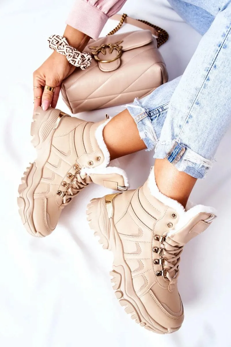 Botki Sznurowane|Botki Zimowe Damskie>Boto Damskie Ocieplane Trapery Beżowe Hareshaw