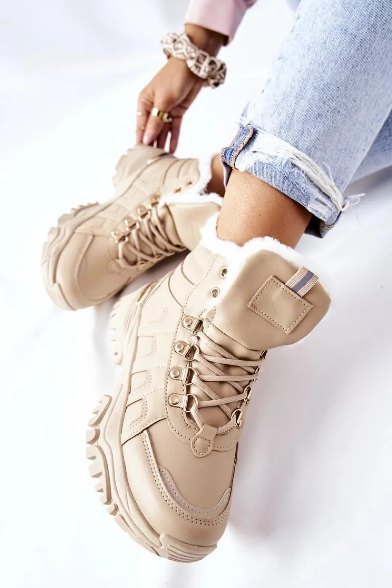 Botki Sznurowane|Botki Zimowe Damskie>Boto Damskie Ocieplane Trapery Beżowe Hareshaw