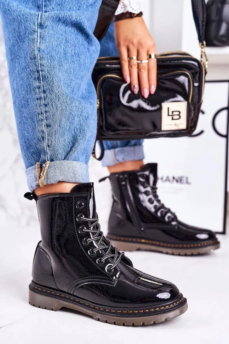 Damskie Trapery|Botki Sznurowane>Boto Damskie Ocieplane Trapery Glany Lakierowane Czarne Thunder