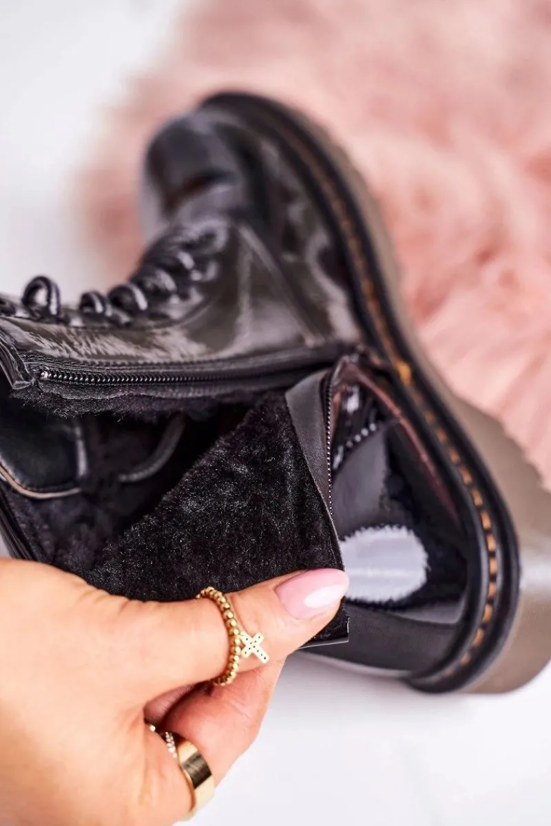 Damskie Trapery|Botki Sznurowane>Boto Damskie Ocieplane Trapery Glany Lakierowane Czarne Thunder