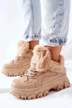 Botki Sznurowane|Botki Zimowe Damskie>Boto Damskie Ocieplane Trapery Beżowe Limerick