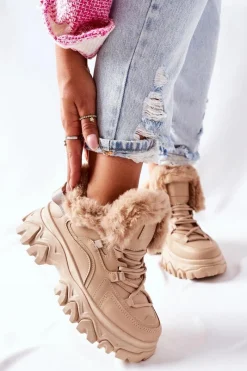 Botki Sznurowane|Botki Zimowe Damskie>Boto Damskie Ocieplane Trapery Beżowe Limerick