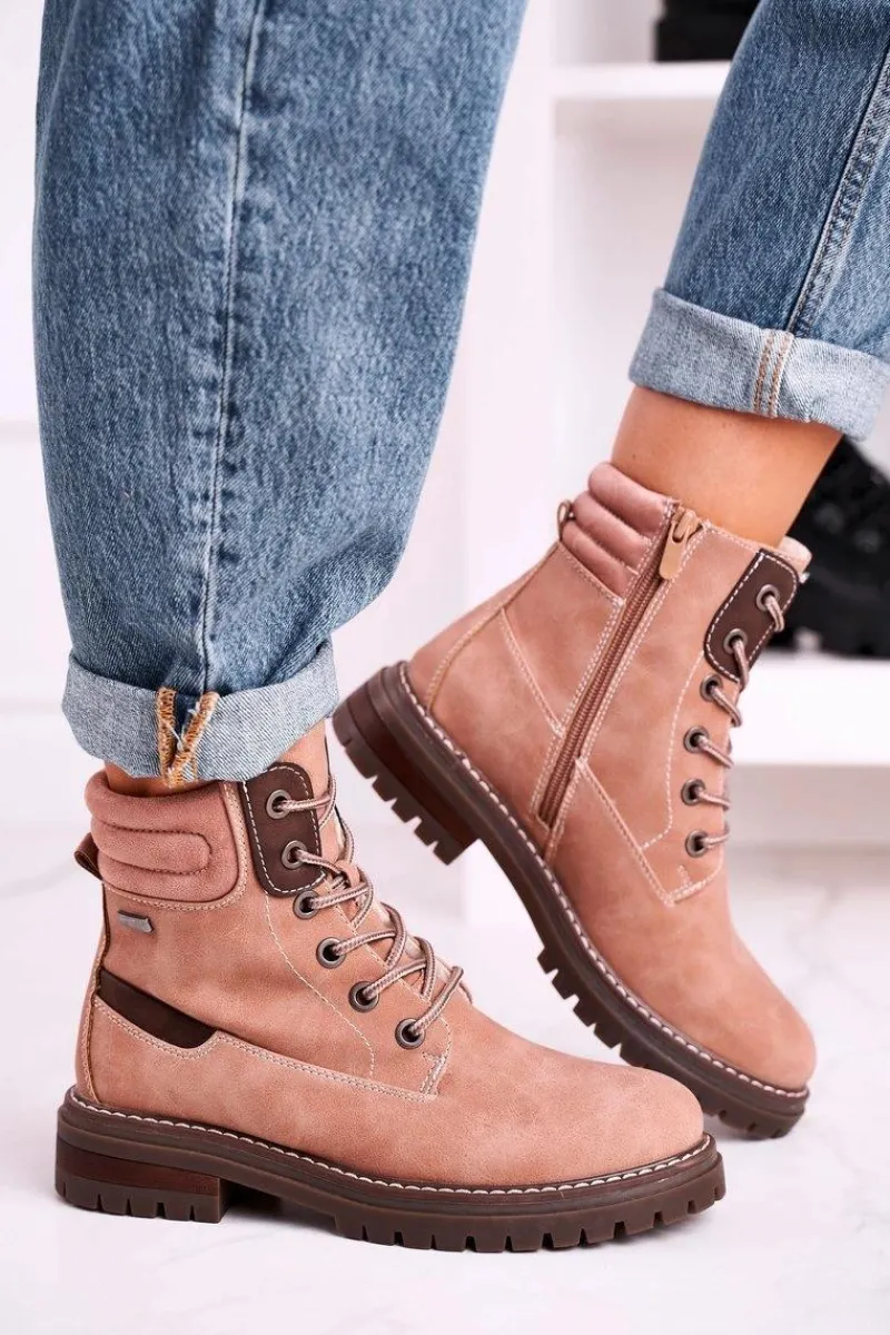 Online Damskie Ocieplane Workery Trapery Różowe Timber Damskie Botki Sznurowane|Czarne Botki