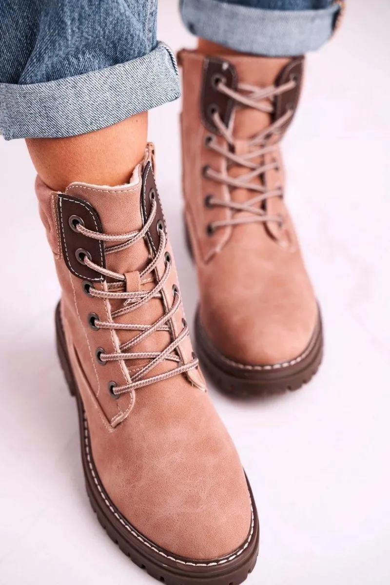 Online Damskie Ocieplane Workery Trapery Różowe Timber Damskie Botki Sznurowane|Czarne Botki