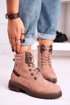 Online Damskie Ocieplane Workery Trapery Różowe Timber Damskie Botki Sznurowane|Czarne Botki